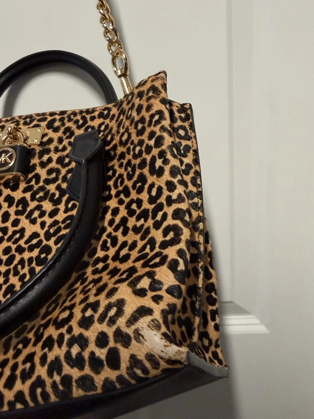 Michael Kors Hamilton Leopard Calf Hair Satchel Crossbody Bag Gold Hardware